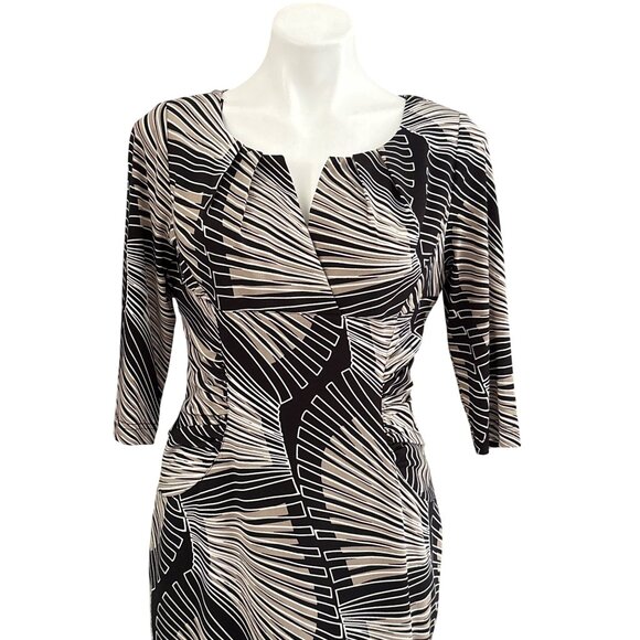 Adrianna Papell Black Beige Abstract Print Sheath Dress, Pleated Details Size 10 - Picture 2 of 10